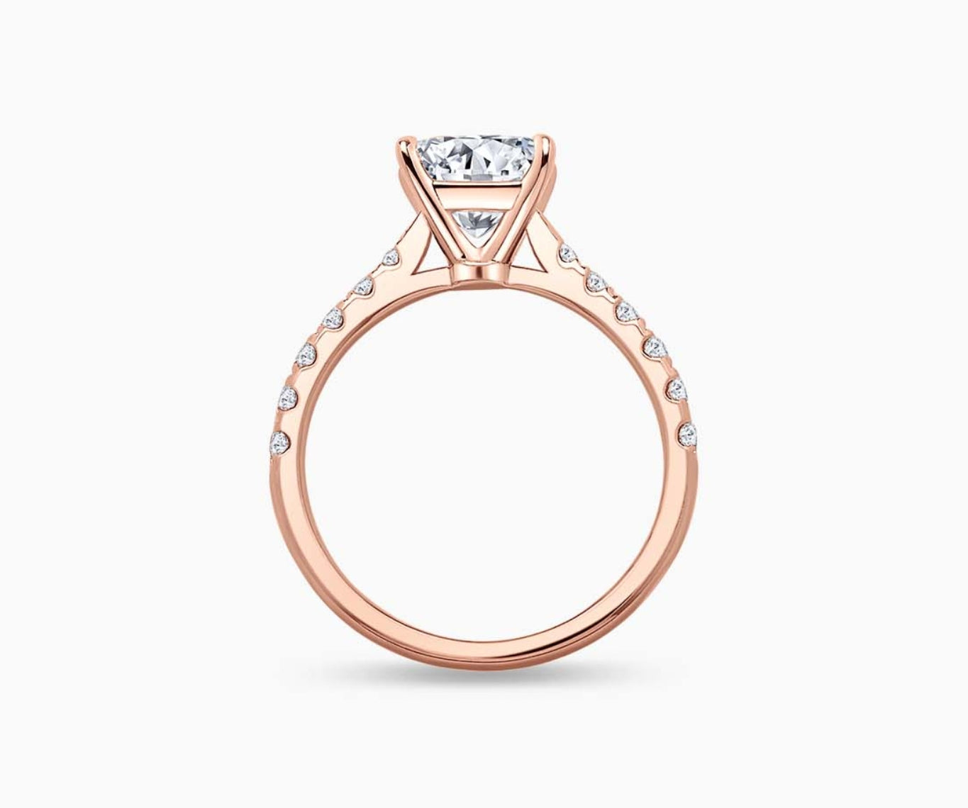 LVC solitaire ring with tapered pave band style, lined with side diamonds in rose gold seen from different angle