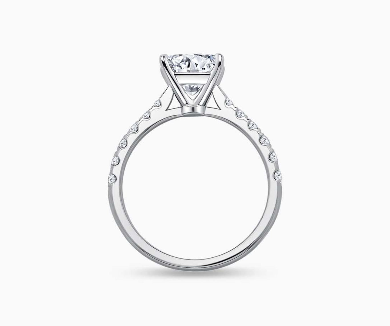LVC solitaire ring tapered band lined with side diamonds, that narrows the width towards the mount, accentuates the beauty of the centre stone seen from another angle