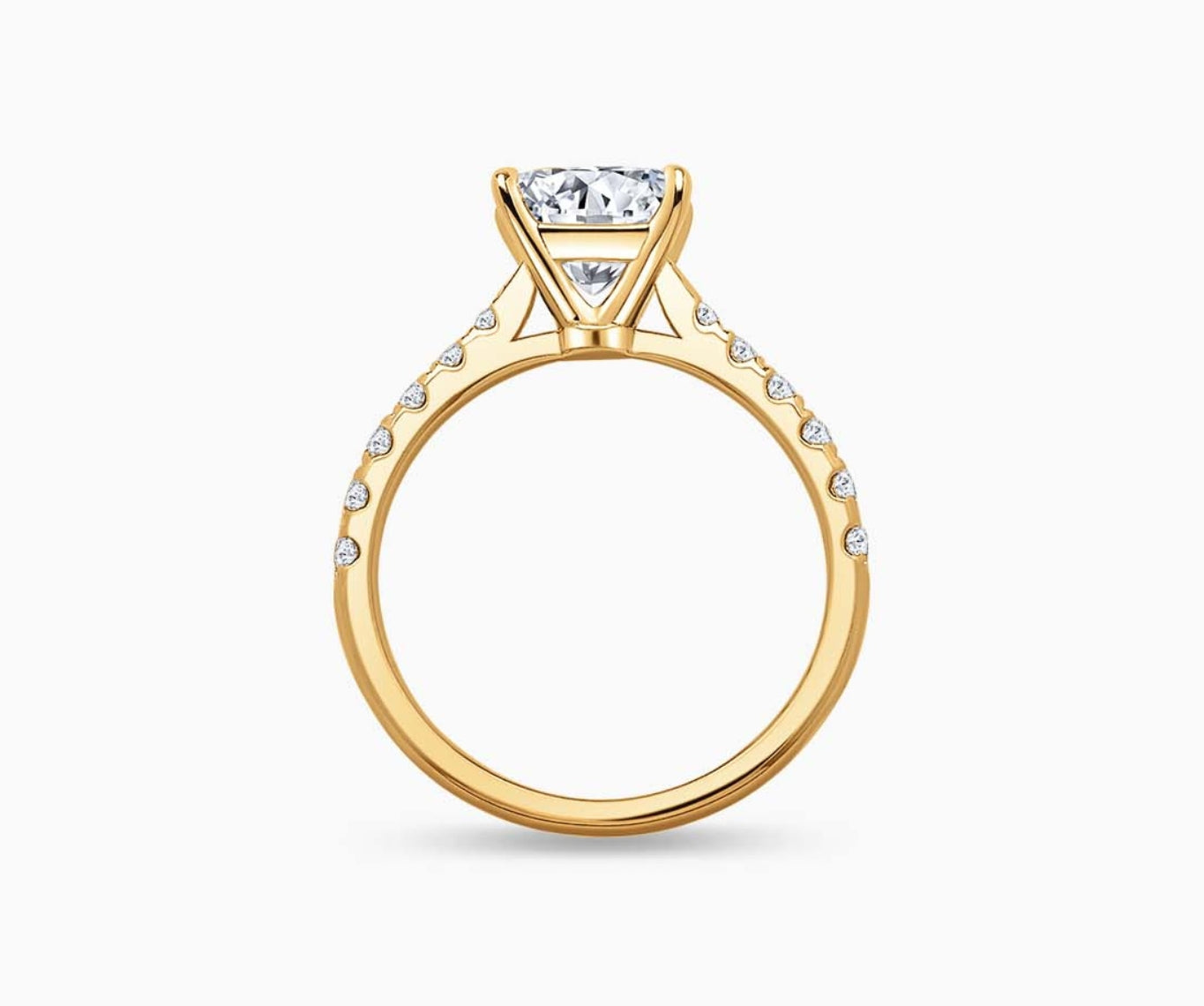 LVC solitaire ring with tapered pave band lined with side diamonds, with big diamond on the centre, this versatile band design tapers inwards going from thick to thin from different view