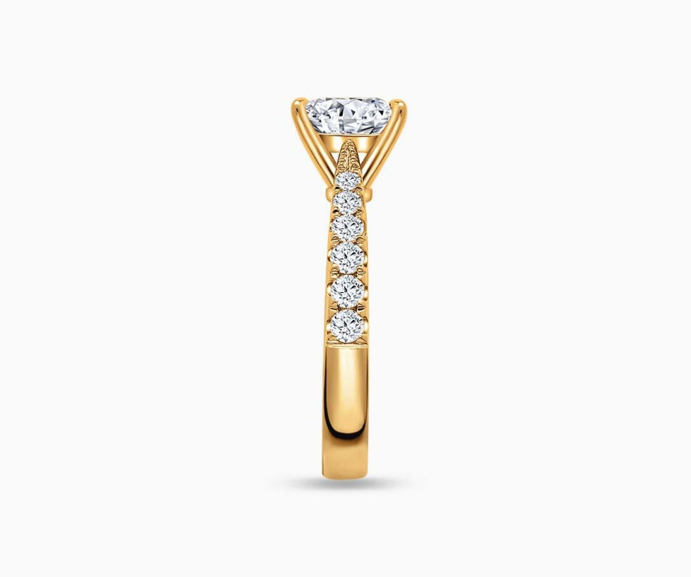 LVC solitaire ring with tapered pave band lined with side diamonds, with big diamond on the centre, this versatile band design tapers inwards going from thick to thin from side view