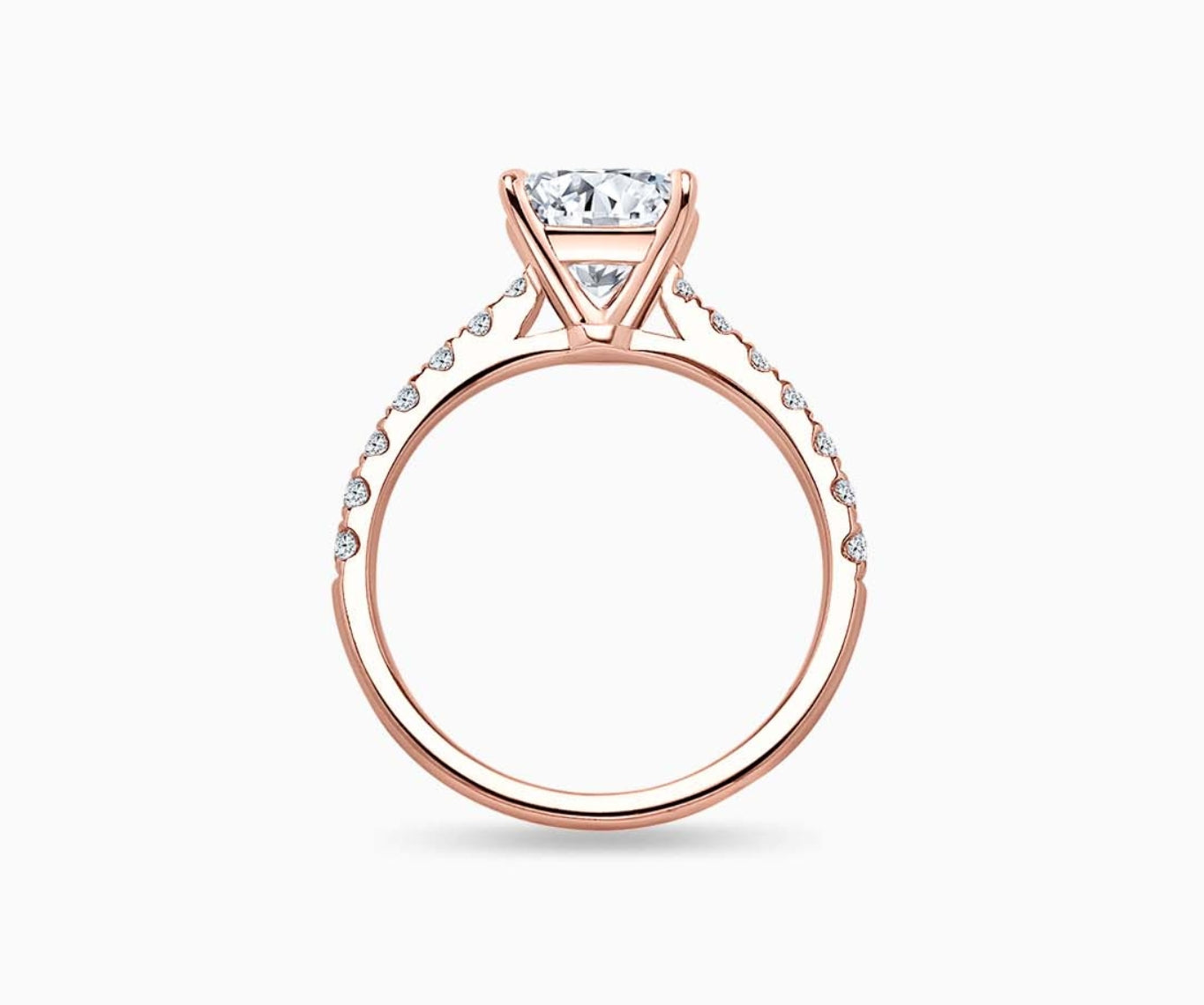 LVC solitaire ring with the classic straight pave band lined with side diamonds for your everyday sparkle in rose gold seen from different angle