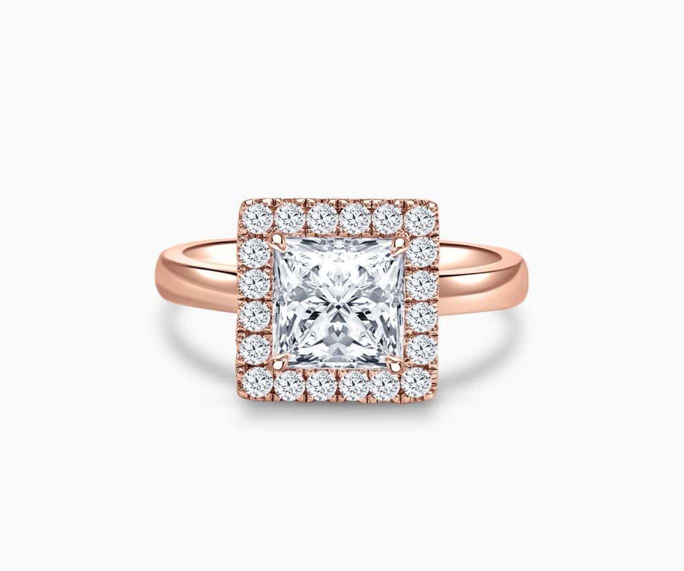 princess cut diamond halo engagement ring set in rose gold with a straight plain band design