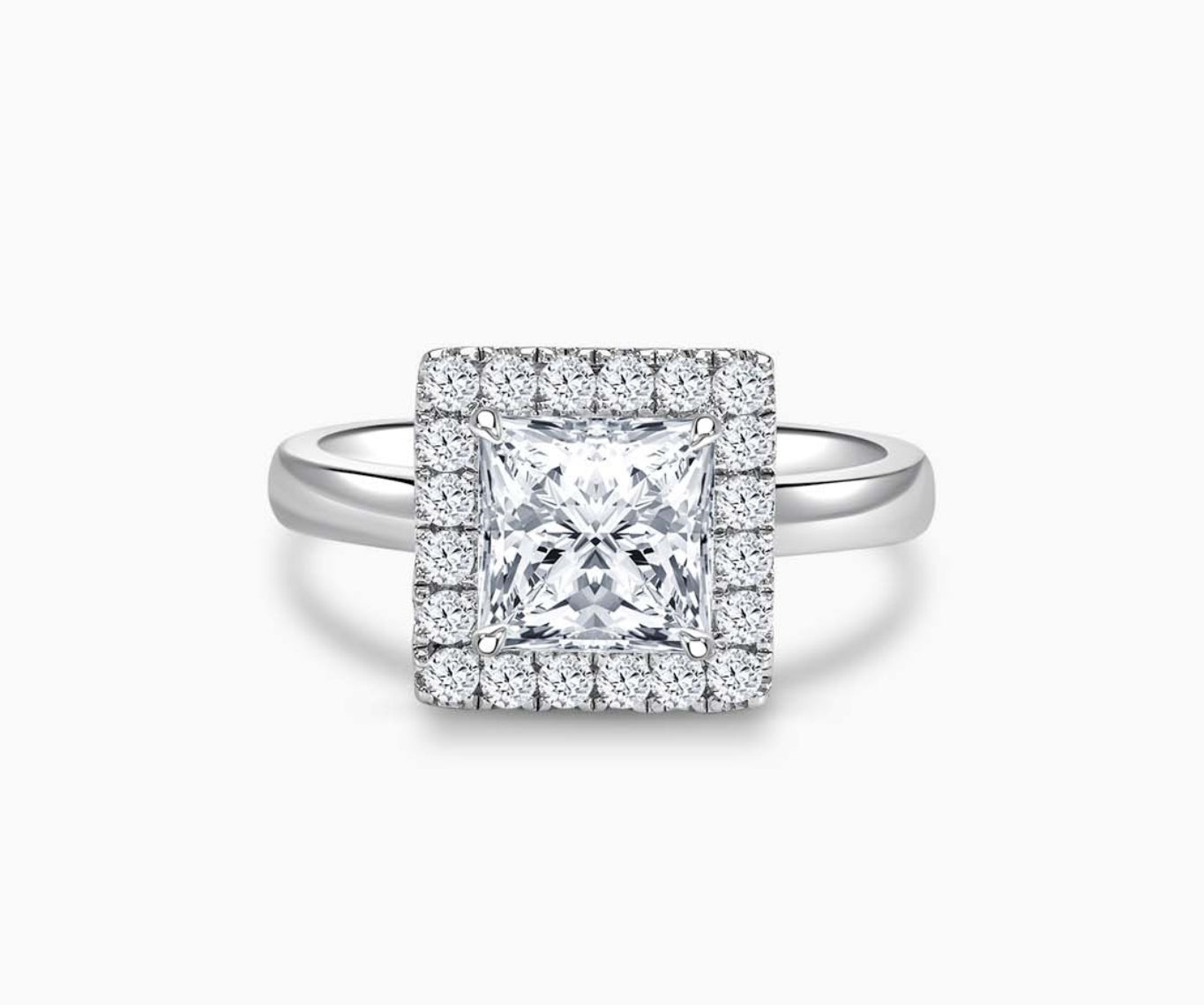 Princess Cut Halo Diamond Engagement Ring with straight plan band