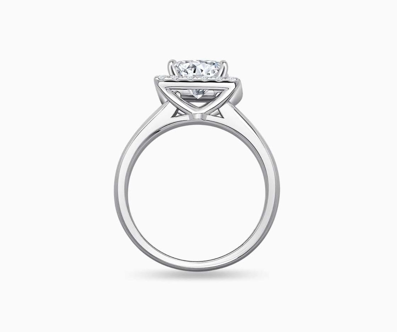 side view of Princess Cut Halo Diamond Engagement Ring with straight plan band