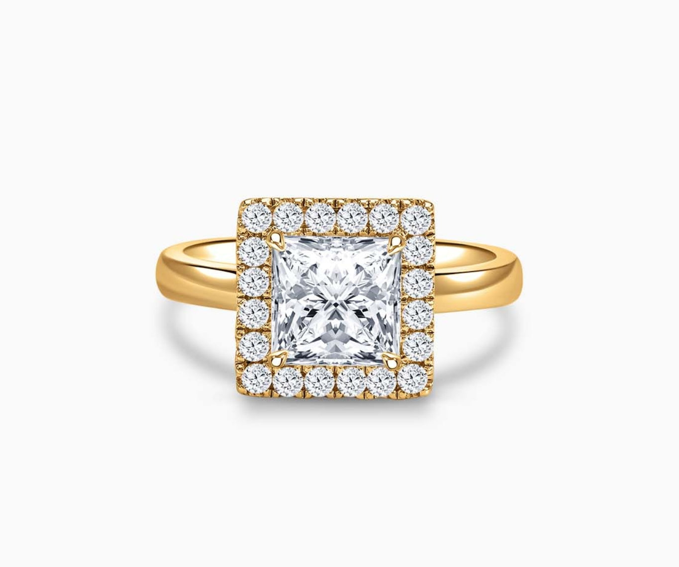 Princess cut diamond halo engagement ring set on yellow gold with a straight plain band design