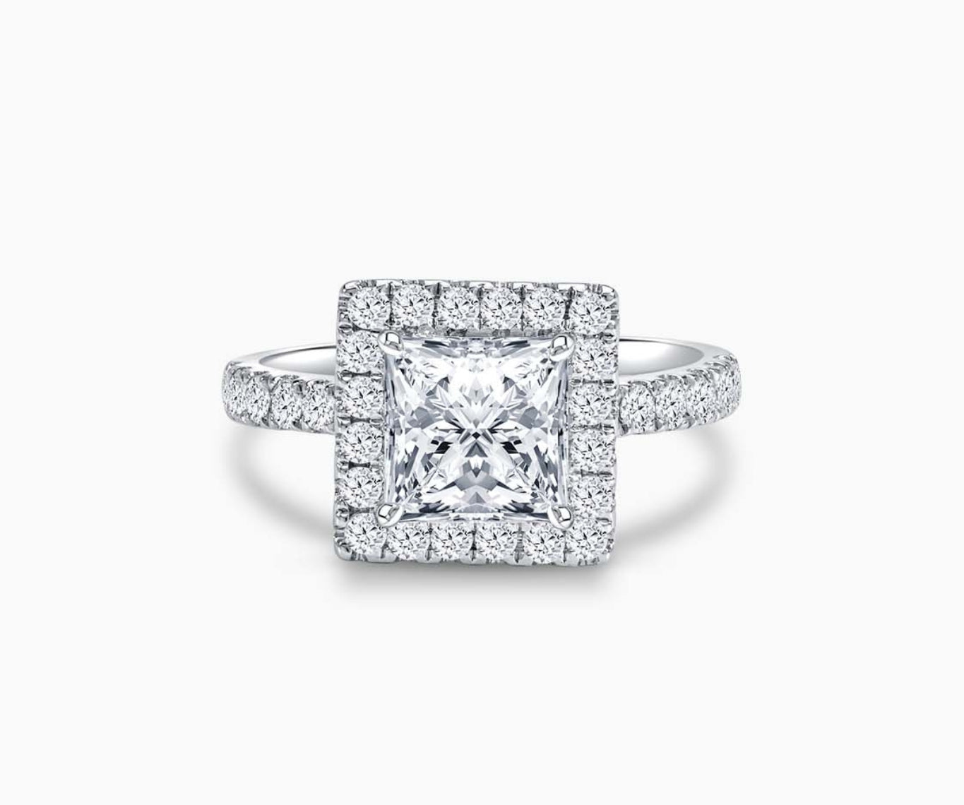 Princess Cut Halo Diamond Engagement Ring with tapered pave band