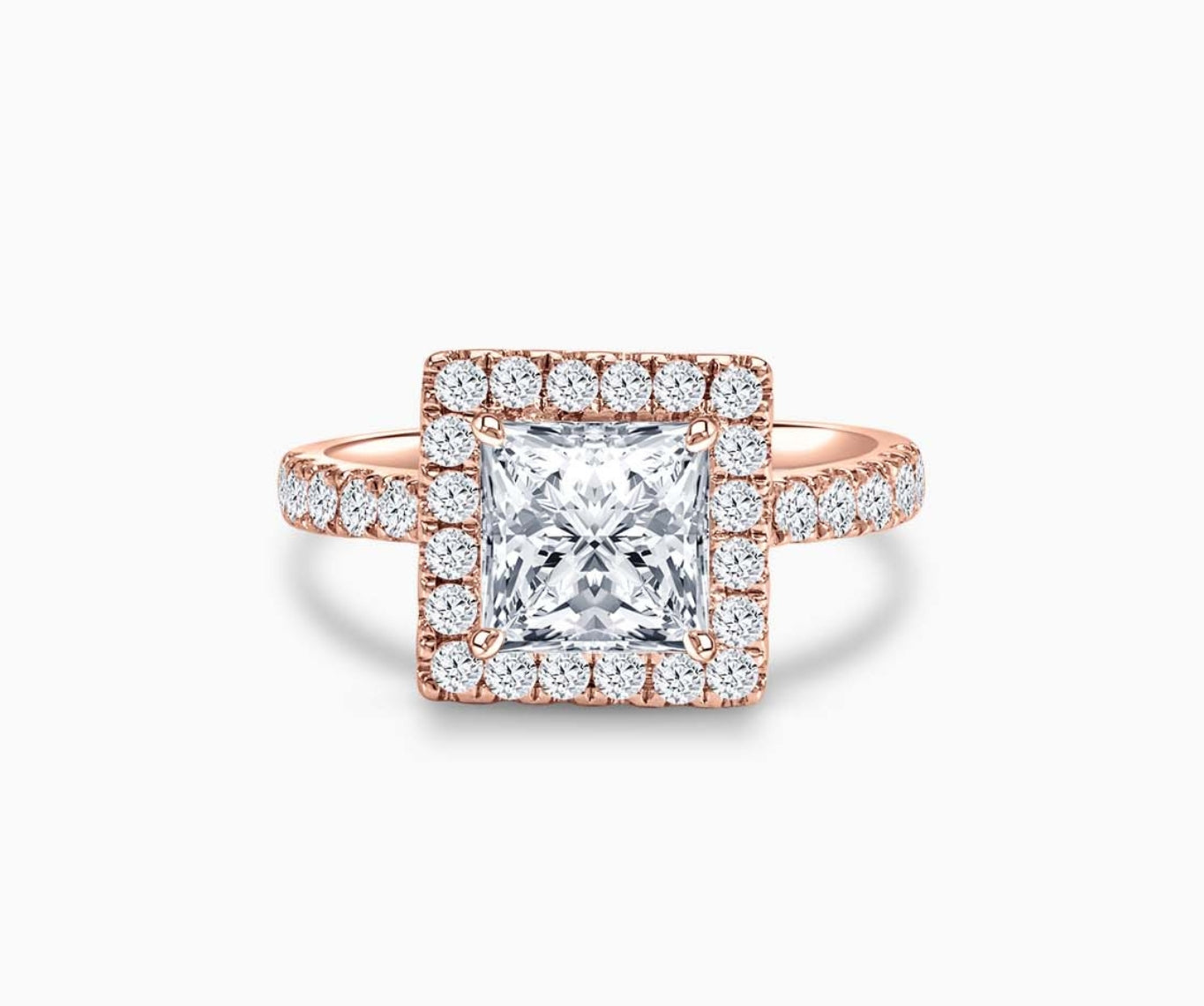 princess cut diamond halo engagement ring set in rose gold with a straight pave band design