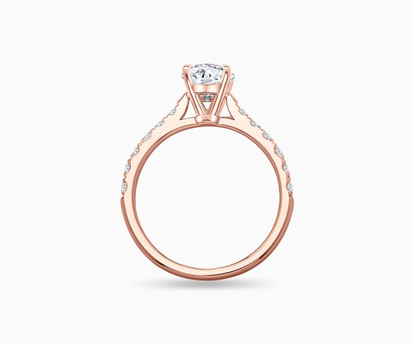 LVC solitaire ring tapered paved band lined with side diamonds, this versatile band design tapers inwards going from thick to thin from different view