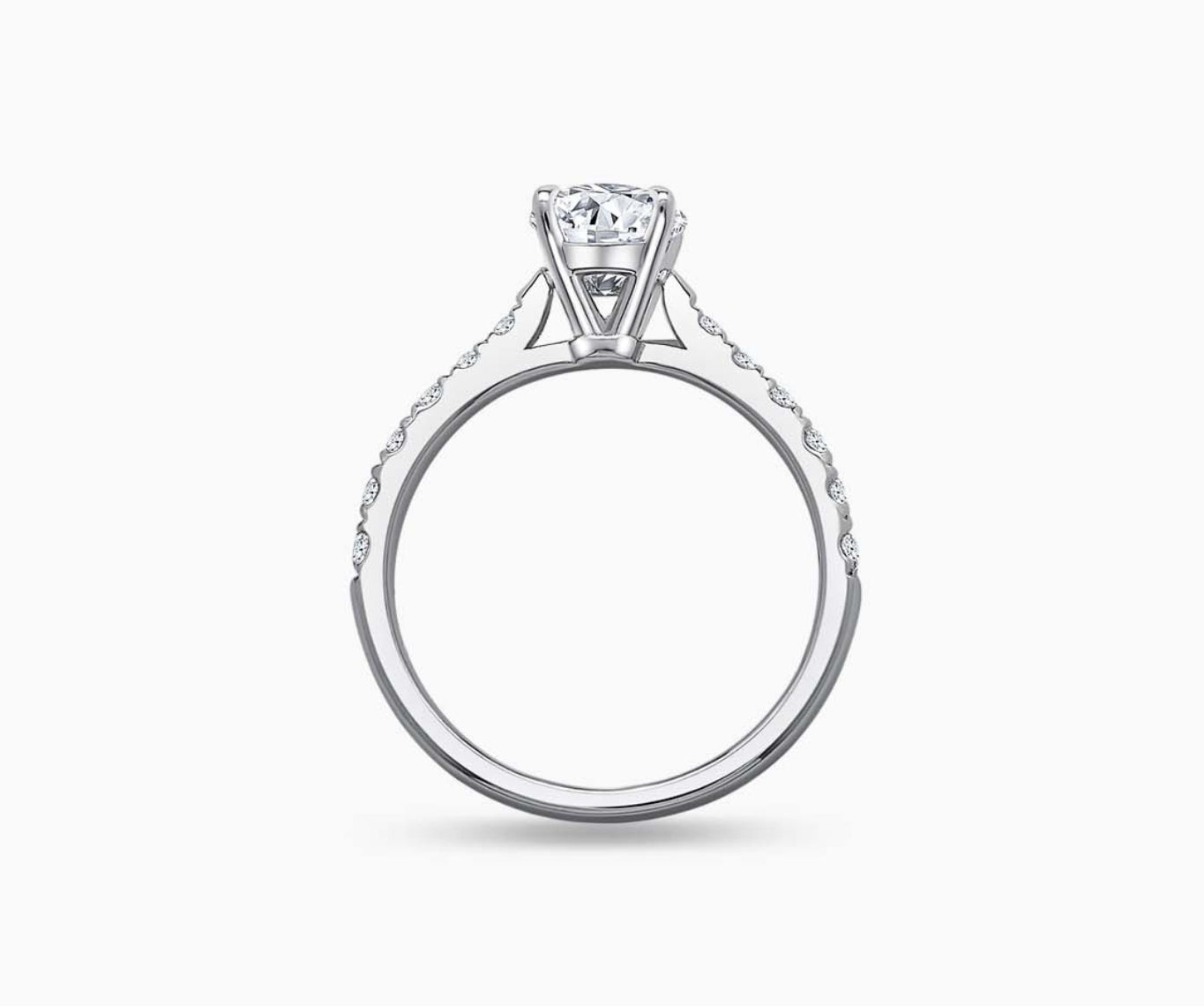 LVC solitaire ring with tapered pave band style, lined with side diamonds seen from different angle
