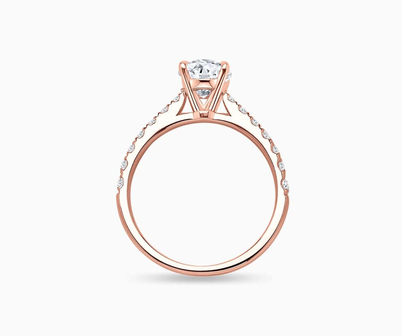 LVC solitaire ring with the classic straight pave band lined with side diamonds for your everyday sparkle in rose gold from different view