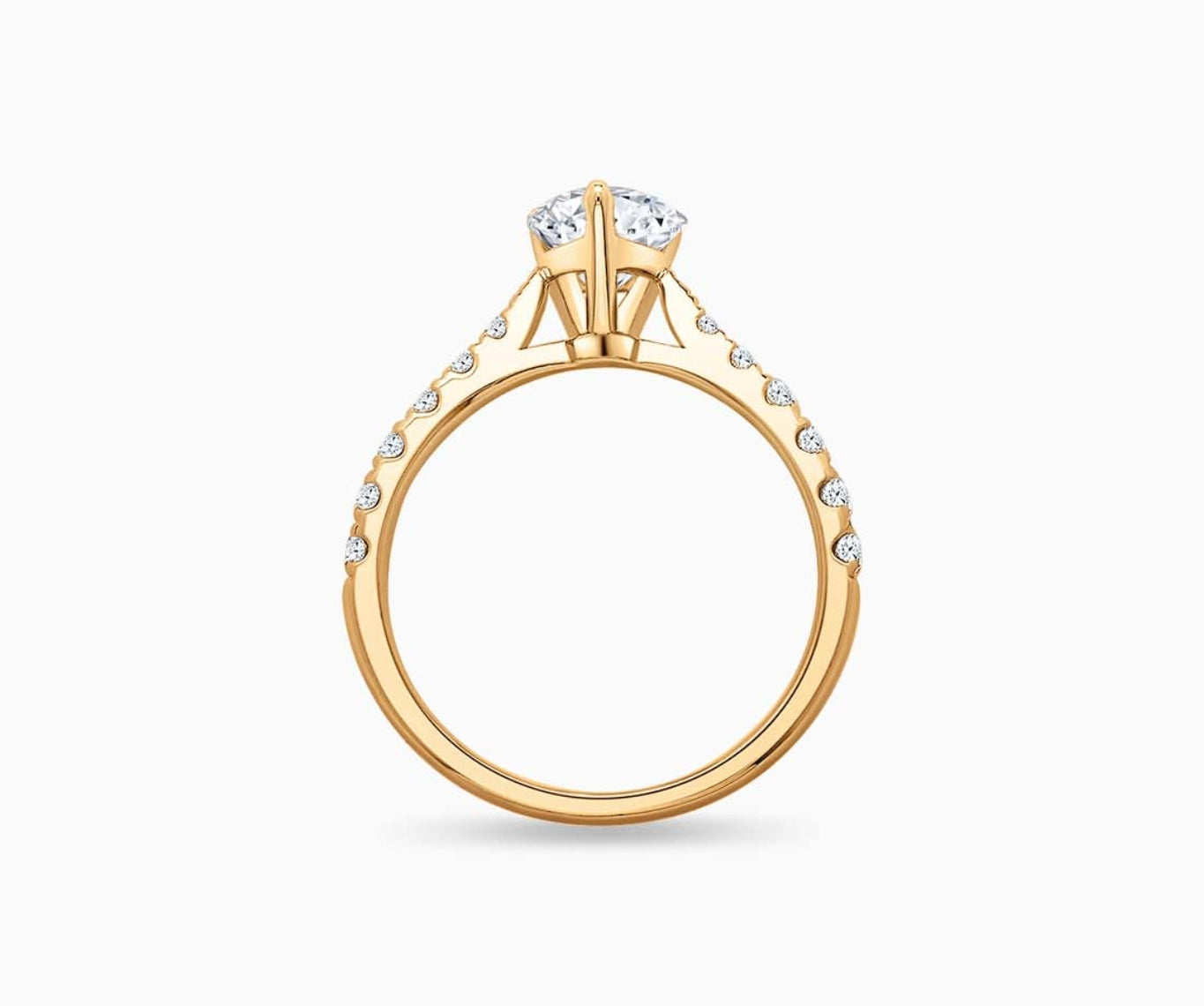 LVC solitaire rings with tapered pave band with centre diamond, and lined with side diamonds in yellow gold from different view