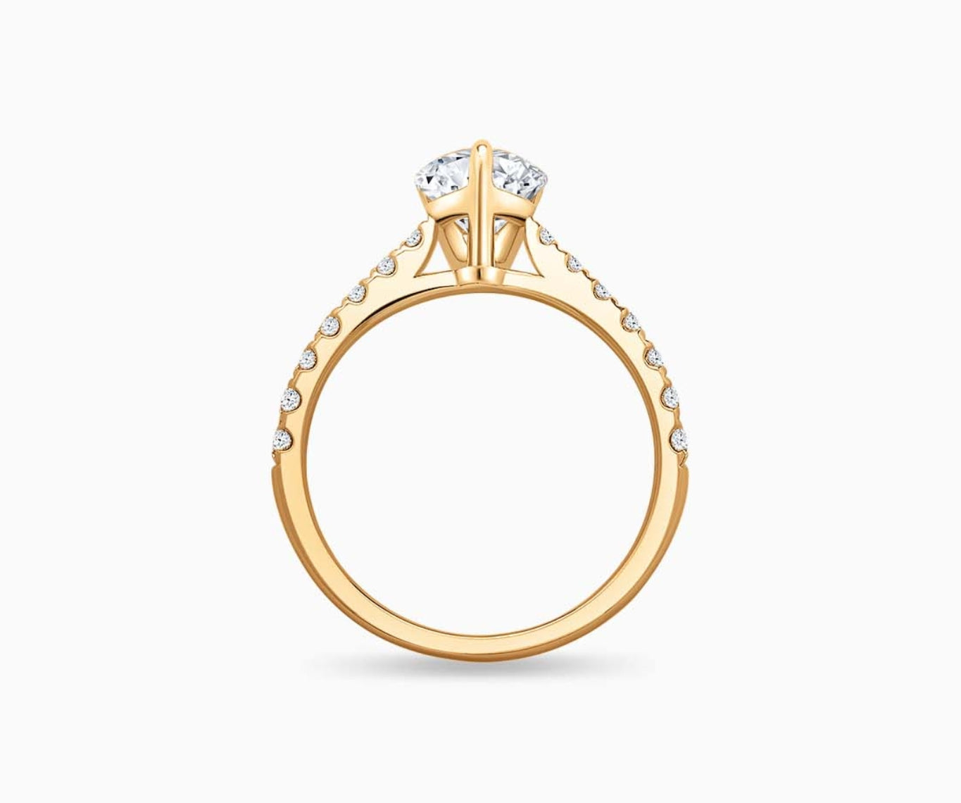 LVC solitaire ring with classic straight band lined with side diamonds and a diamond on the centre in yellow gold from different angle
