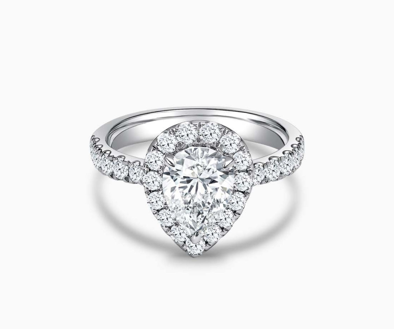 Pear Shaped halo diamond engagement ring with tapered pave band 