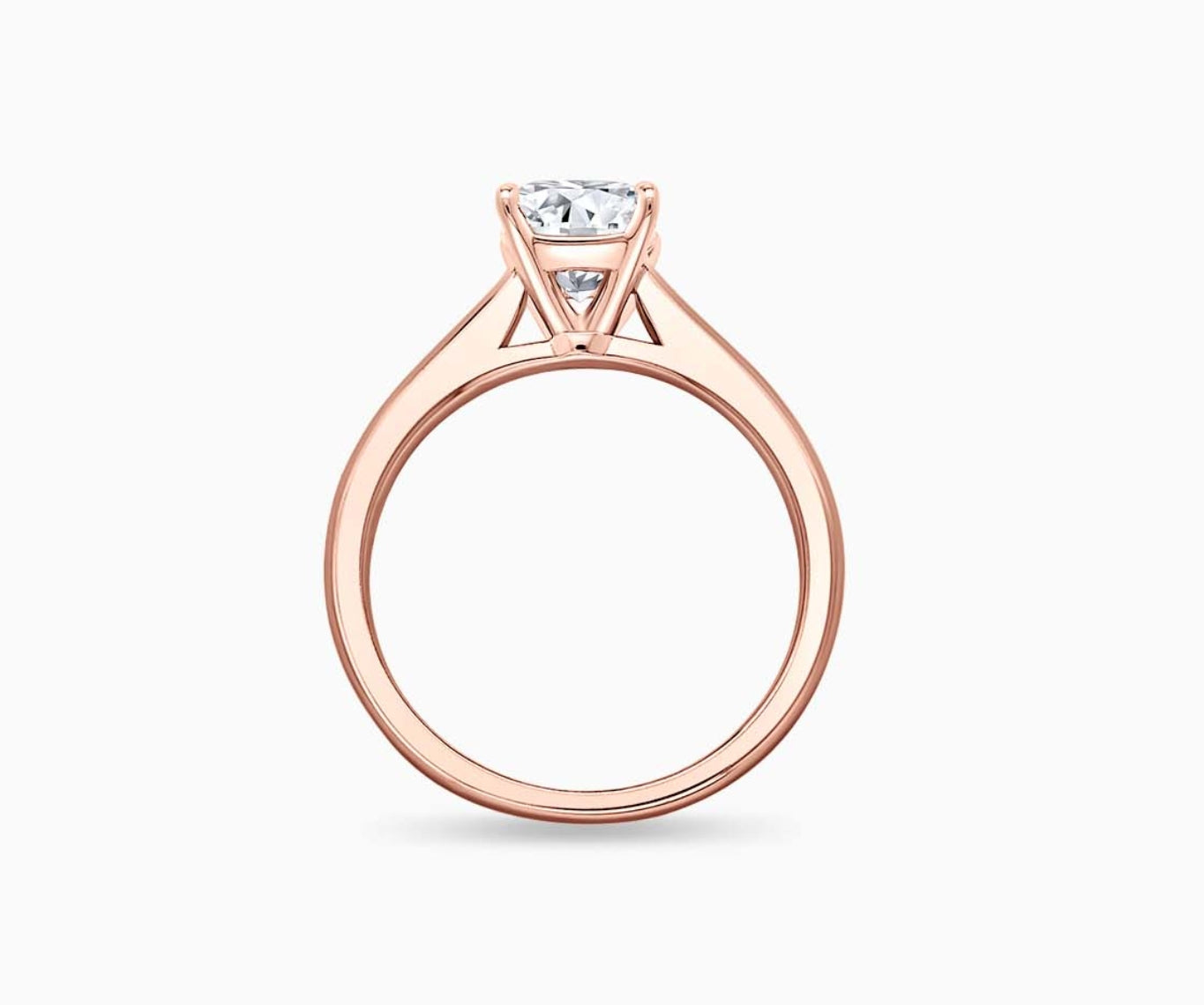 LVC solitaire ring with tapered plain band style that narrows the width towards the mount, accentuates the beauty of the centre stone in rose gold from another angle