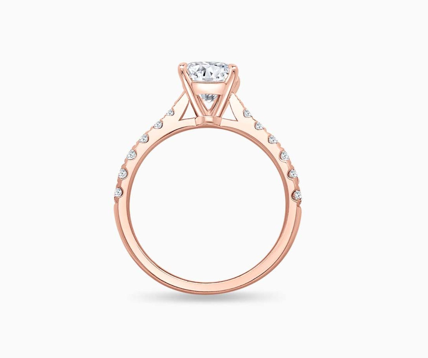 LVC solitaire ring with tapered paved band lined with side diamonds, this versatile band design tapers inwards going from thick to thin from other angle