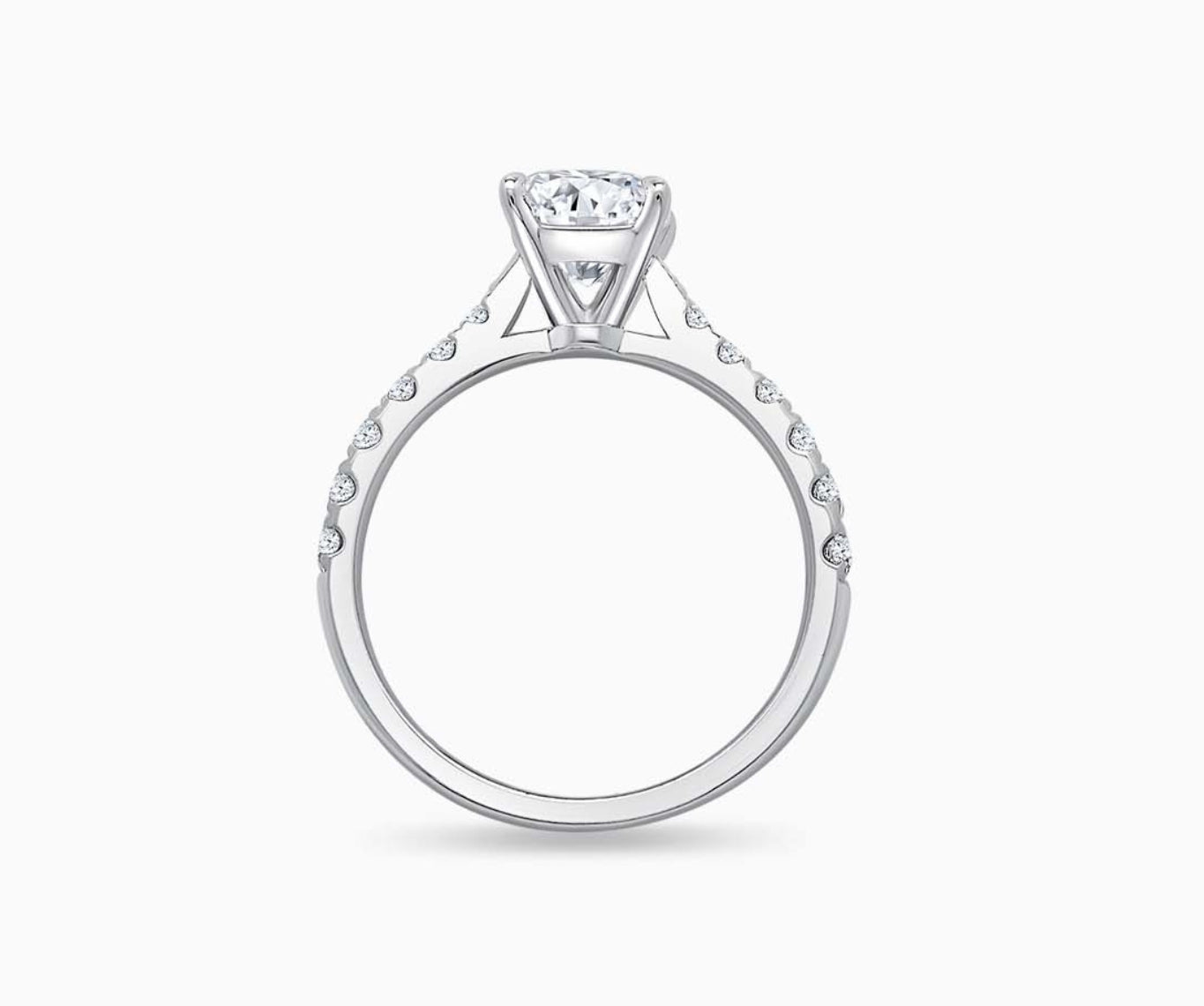 LVC solitaire ring with tapered pave band style, lined with side diamonds seen from different angle