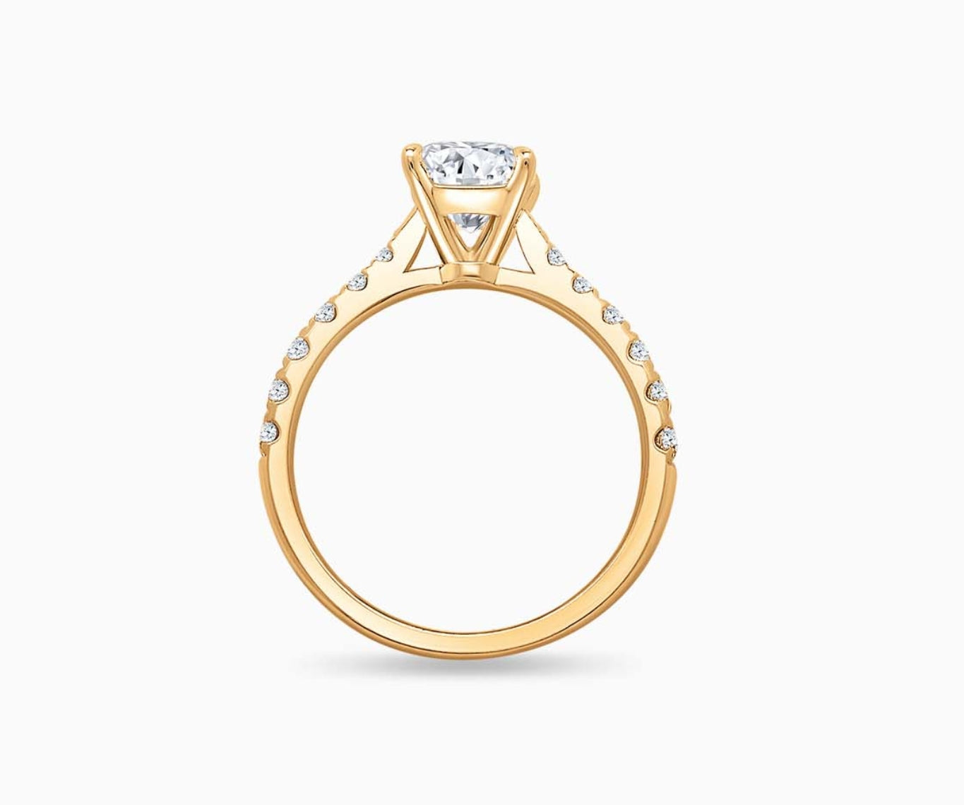 LVC solitaire rings with tapered pave band with centre diamond, and lined with side diamonds in yellow gold from different view