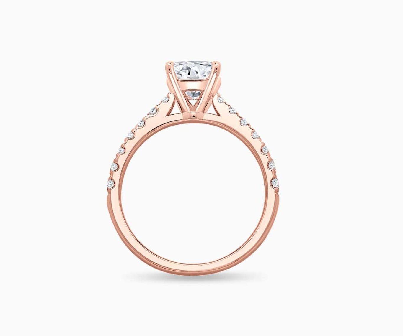 LVC solitaire ring with classic straight pave band lined with side diamonds in rose gold in different angle