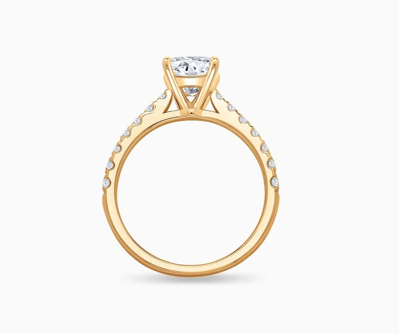 LVC solitaire ring with classic straight band lined with side diamonds and a diamond on the centre in yellow gold from different angle