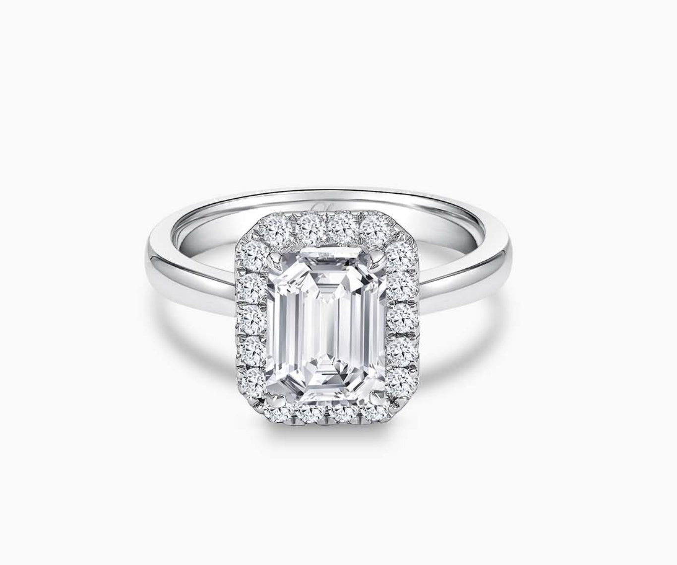 emerald cut diamond halo engagement ring with straight plain band