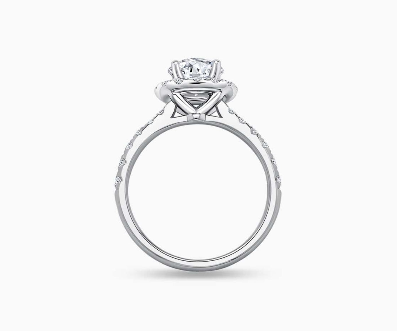 side view of Halo Diamond Engagement Ring with tapered pave band