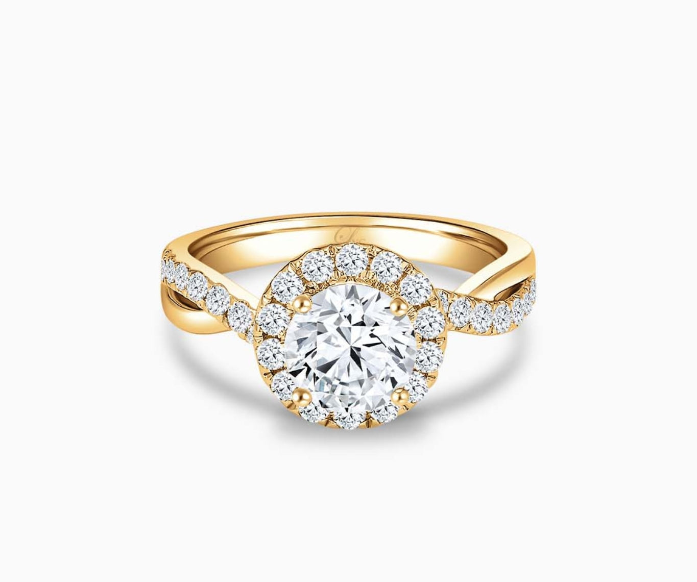 Round cut diamond halo engagement ring set on yellow gold with a twisted pave band design