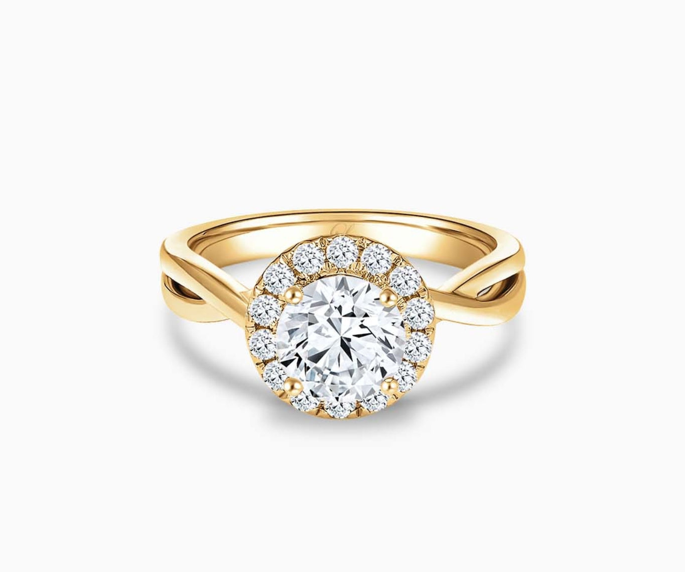 Round cut diamond halo engagement ring set on yellow gold with a twisted plain band design