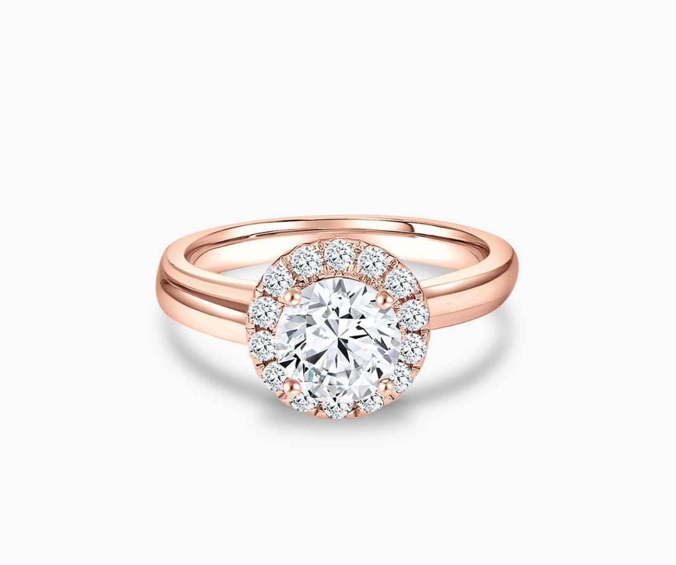 round diamond halo engagement ring set in rose gold with a double plain band design