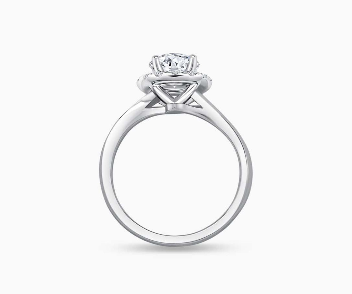 Side view of Halo Diamond Engagement Ring with twirl plain band
