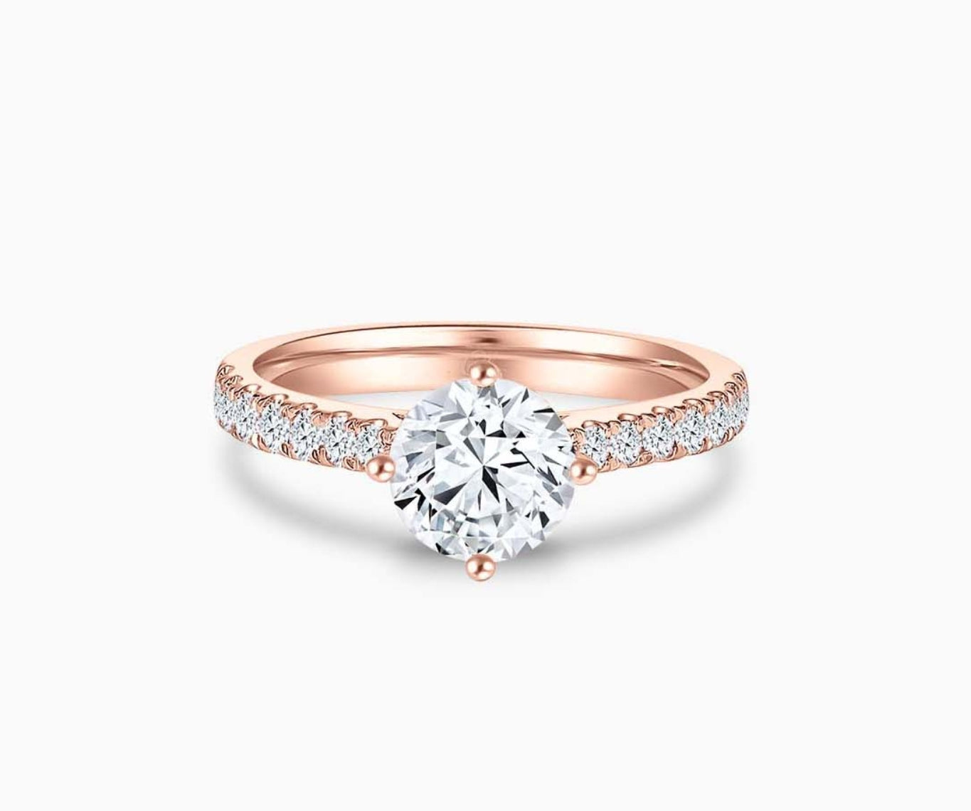 Timeless rose gold solitaire diamond ring with a classic straight pave band lined with side diamonds, designed for lifelong elegance and everyday sparkle
