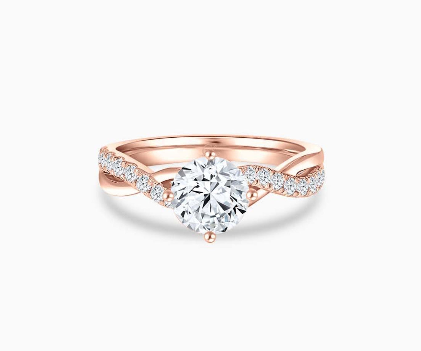 Rose gold solitaire diamond ring with a twisted infinity band lined with side diamonds, symbolizing two entwining lives in a romantic and unique design.