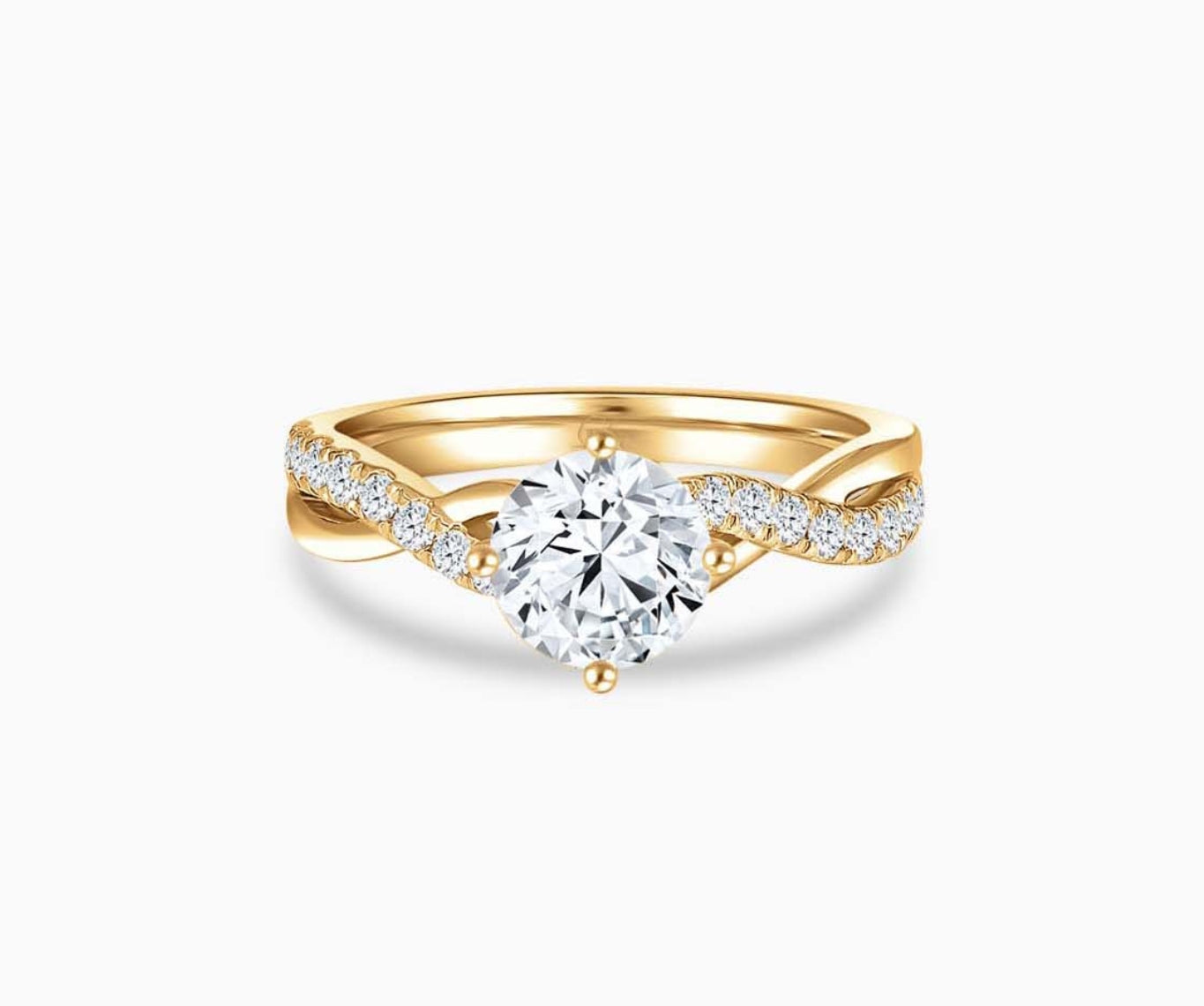 Yellow gold solitaire diamond ring with a twisted infinity pave band lined with side diamonds, symbolizing two entwining lives in a romantic and unique design