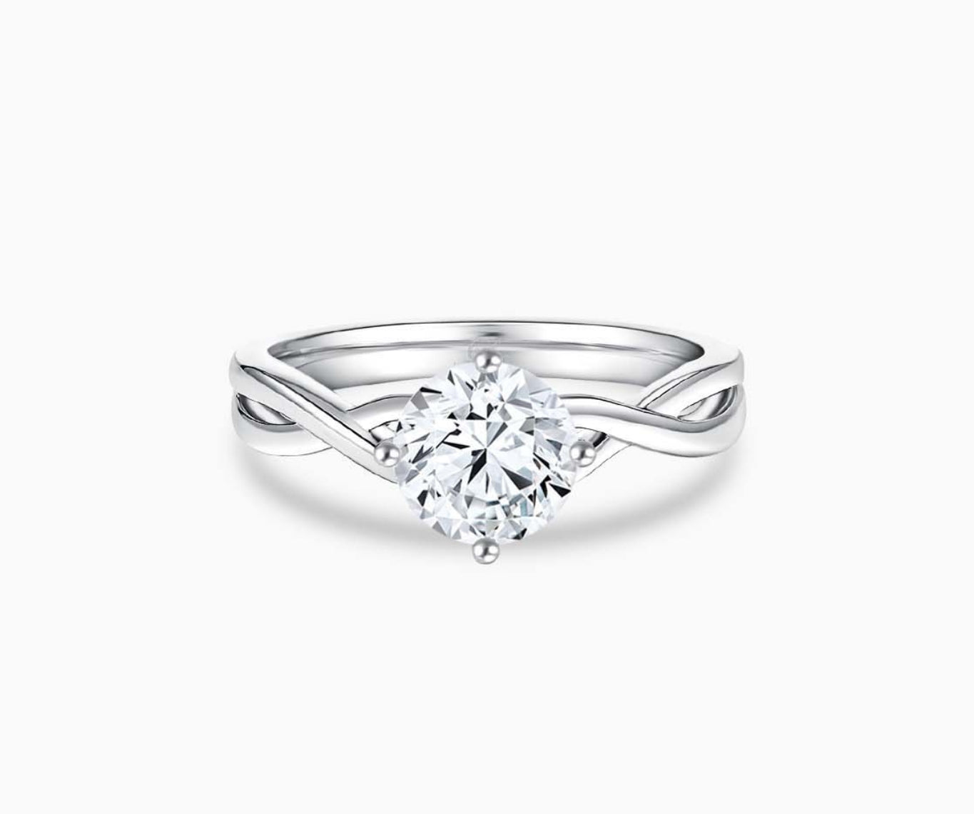 Solitaire diamond ring with a twisted infinity white gold band, symbolizing two entwining lives in a romantic and unique design.
