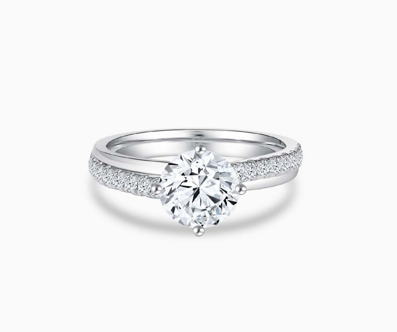 Modern double-band diamond rings solitaire with side diamonds, a polished white gold band, and a subtle center line engraving for a sleek and elegant look