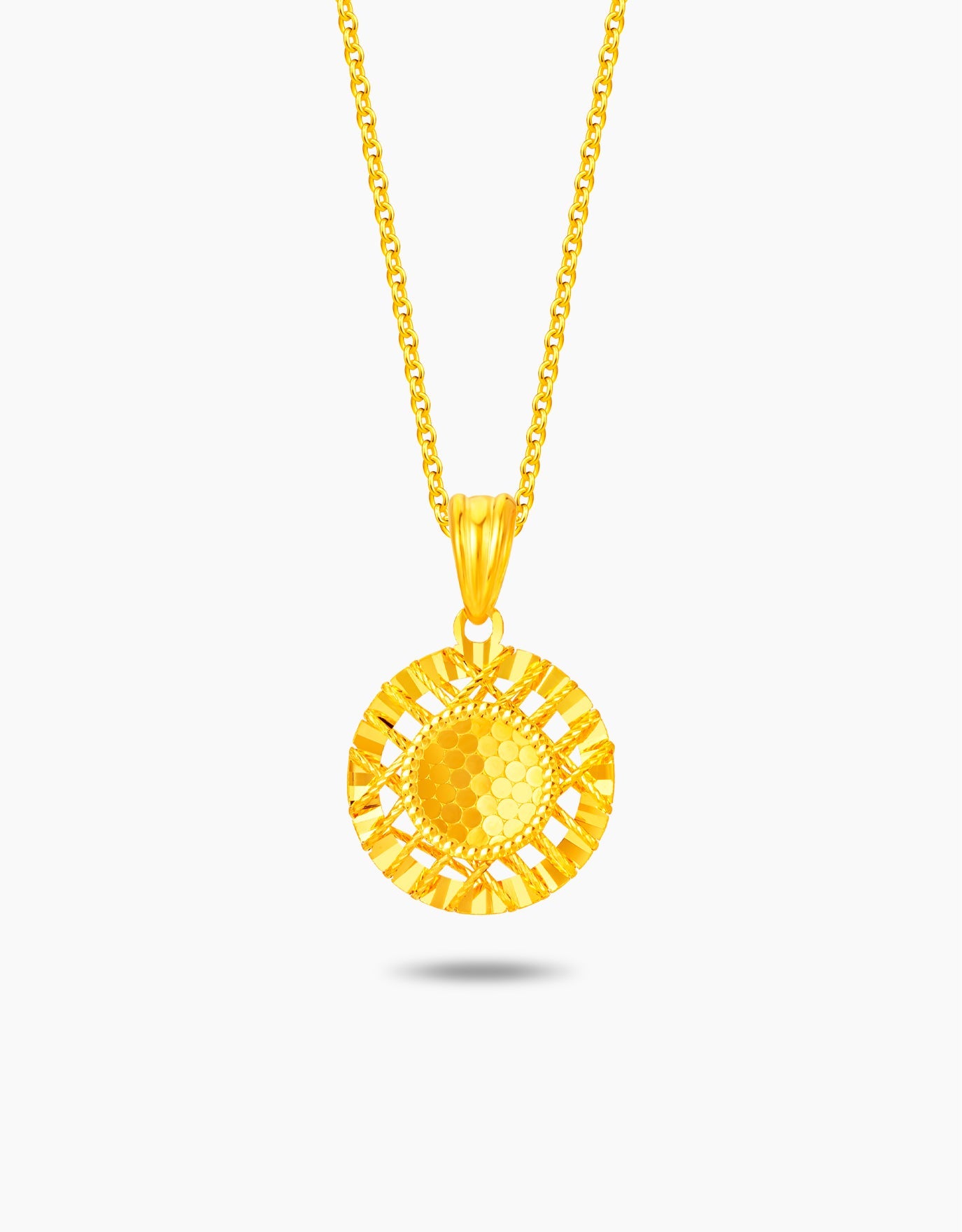 LVC gold necklace designed with delicate honeycomb motifs that graces the smooth curves of a round silhouette